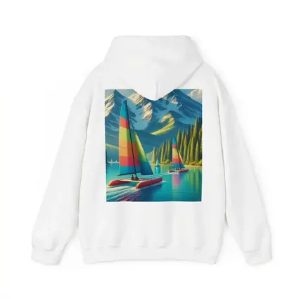 Colorful Catamarans Sailing Mountain Lake Scene
