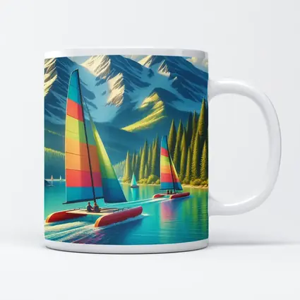 Colorful Catamarans Sailing Mountain Lake Scene