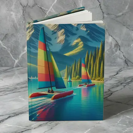 Colorful Catamarans Sailing Mountain Lake Scene