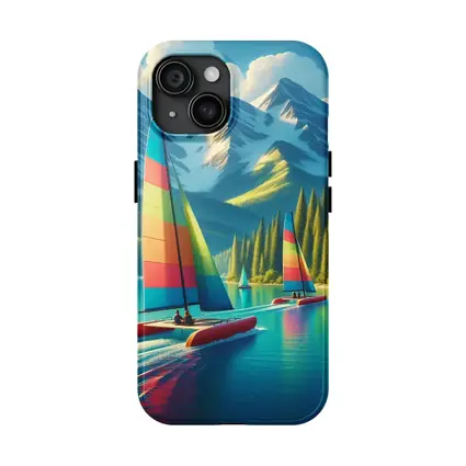 Colorful Catamarans Sailing Mountain Lake Scene