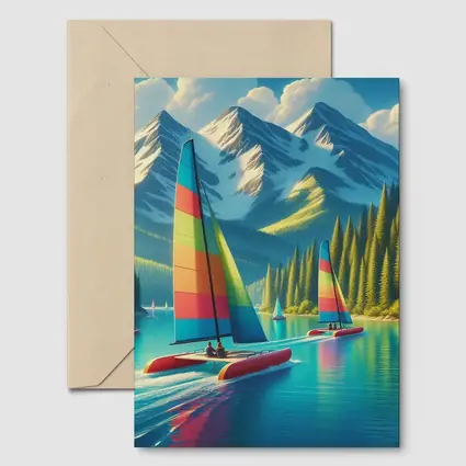 Colorful Catamarans Sailing Mountain Lake Scene