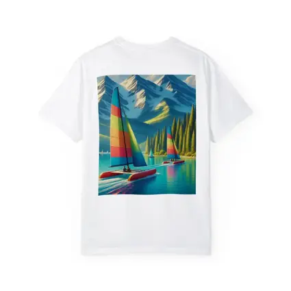 Colorful Catamarans Sailing Mountain Lake Scene