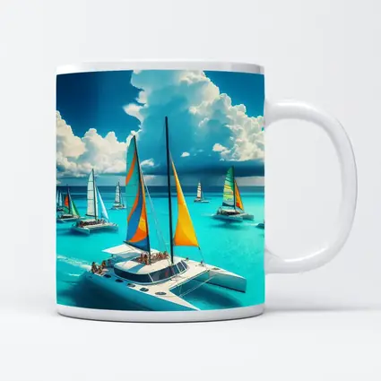 Colorful Catamarans Sailing Turquoise Tropical Ocean