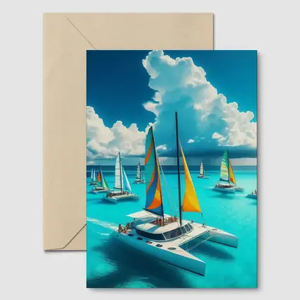 Colorful Catamarans Sailing Turquoise Tropical Ocean