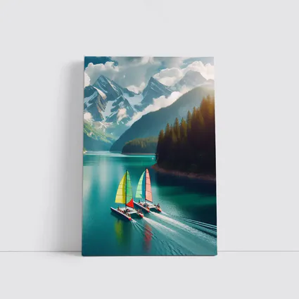 Colorful Sailboats on Turquoise Mountain Lake