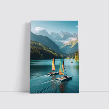 Colorful Catamarans Sailing Alpine Mountain Lake