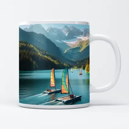 Colorful Catamarans Sailing Alpine Mountain Lake