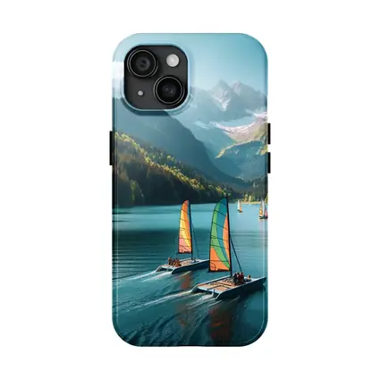 Colorful Catamarans Sailing Alpine Mountain Lake