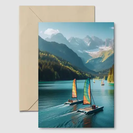 Colorful Catamarans Sailing Alpine Mountain Lake