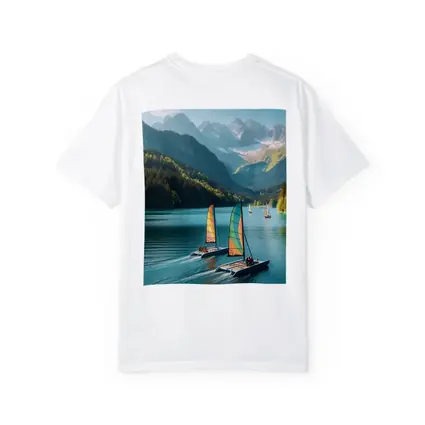 Colorful Catamarans Sailing Alpine Mountain Lake