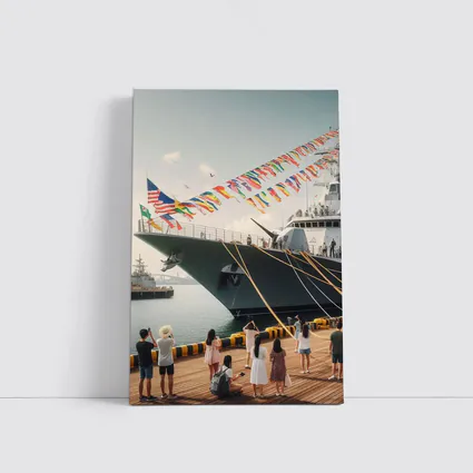 Navy Warship Docked Harbor Colorful Flags