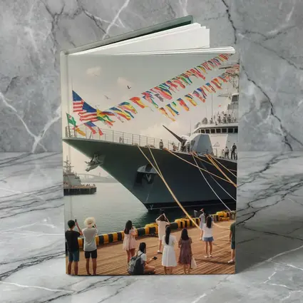 Navy Warship Docked Harbor Colorful Flags