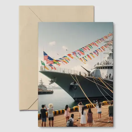 Navy Warship Docked Harbor Colorful Flags