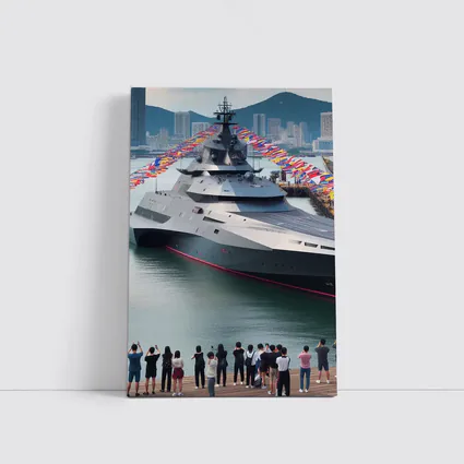 Modern Warship Docked Colorful Flags Cityscape