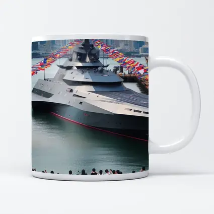 Modern Warship Docked Colorful Flags Cityscape