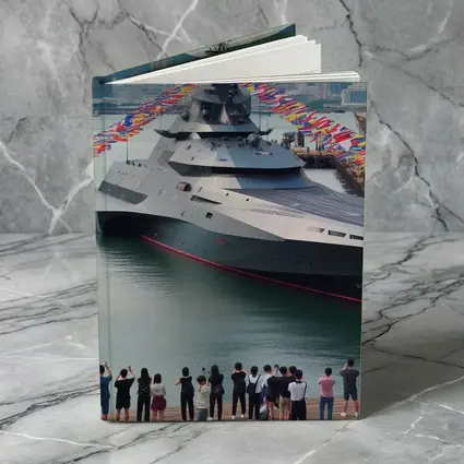 Modern Warship Docked Colorful Flags Cityscape