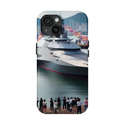 Modern Warship Docked Colorful Flags Cityscape