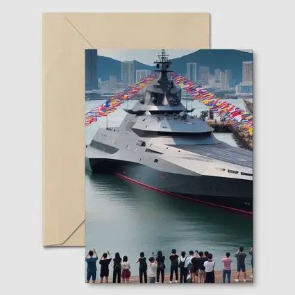 Modern Warship Docked Colorful Flags Cityscape