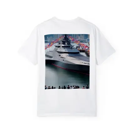 Modern Warship Docked Colorful Flags Cityscape