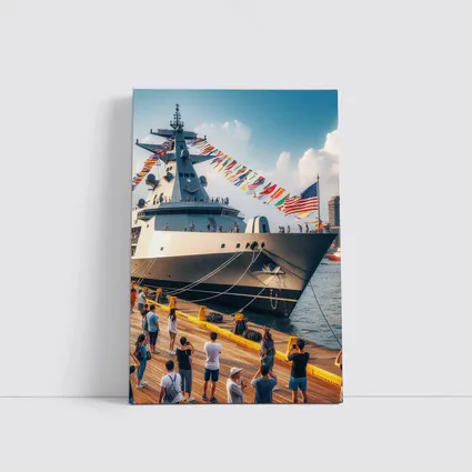 US Navy Warship Docked at Busy Harbor