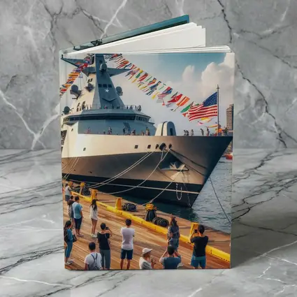 US Navy Warship Docked at Busy Harbor