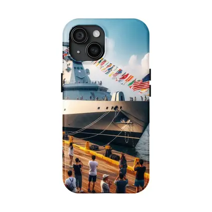 US Navy Warship Docked at Busy Harbor