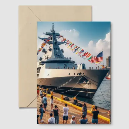 US Navy Warship Docked at Busy Harbor