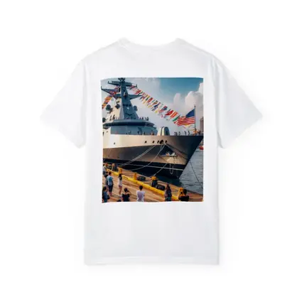 US Navy Warship Docked at Busy Harbor