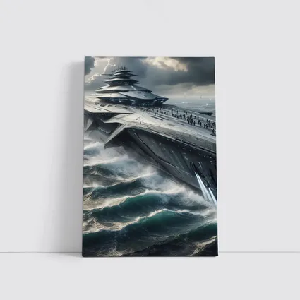 Futuristic Aircraft Carrier Crashing Ocean Waves