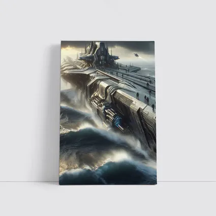 Futuristic Warship Battling Stormy Ocean Waves