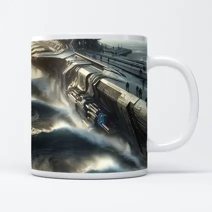 Futuristic Warship Battling Stormy Ocean Waves