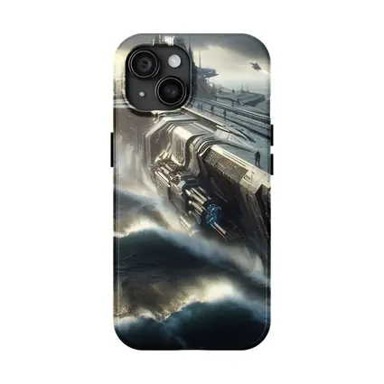 Futuristic Warship Battling Stormy Ocean Waves