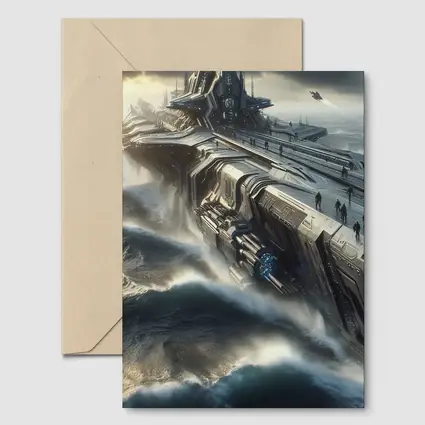 Futuristic Warship Battling Stormy Ocean Waves