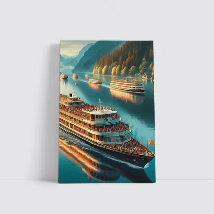 River Cruise Ships Sailing Mountain Lake