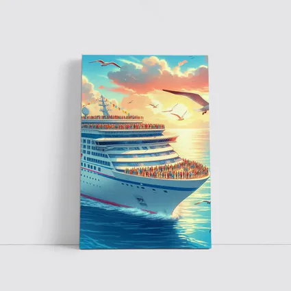 Cruise Ship Sunset Ocean Seagulls Illustration