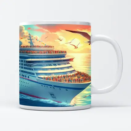 Cruise Ship Sunset Ocean Seagulls Illustration