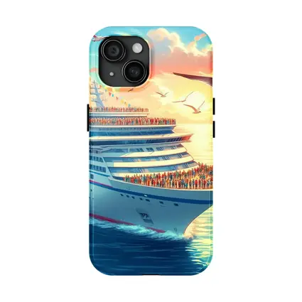 Cruise Ship Sunset Ocean Seagulls Illustration