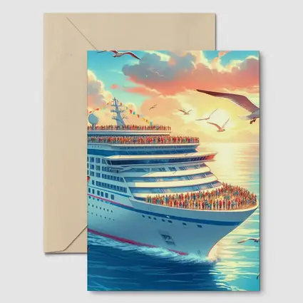 Cruise Ship Sunset Ocean Seagulls Illustration