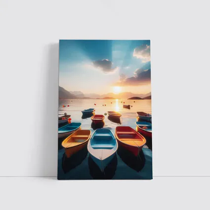 Colorful Boats Floating at Golden Sunset