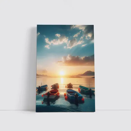 Colorful Boats Floating at Golden Sunset