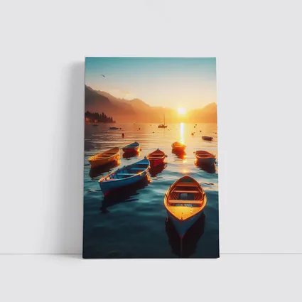 Colorful Boats on Lake at Golden Sunset