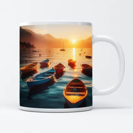 Colorful Boats on Lake at Golden Sunset