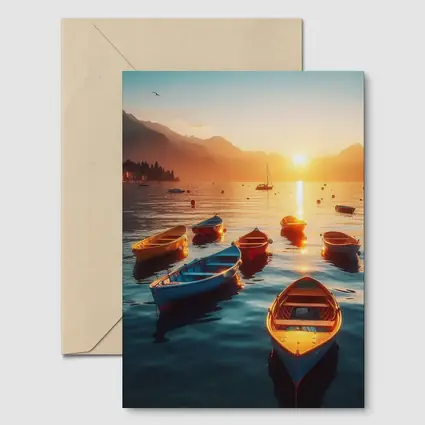 Colorful Boats on Lake at Golden Sunset