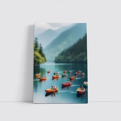 Colorful Rowing Boats Mountain Lake Scene