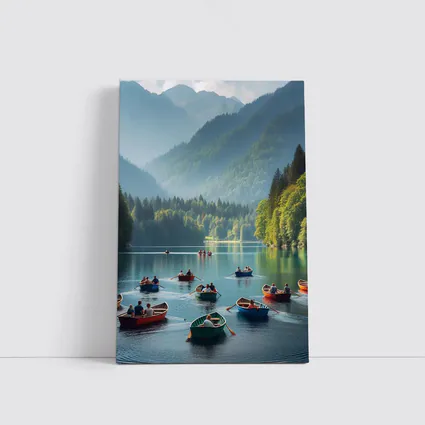 Colorful Row Boats Mountain Lake Scene