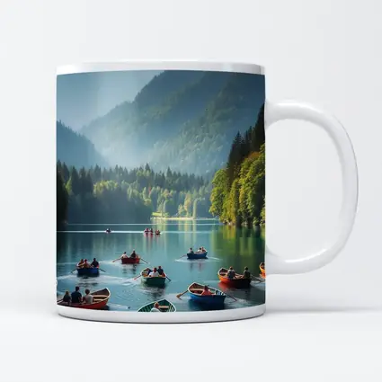 Colorful Row Boats Mountain Lake Scene
