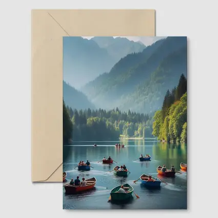 Colorful Row Boats Mountain Lake Scene