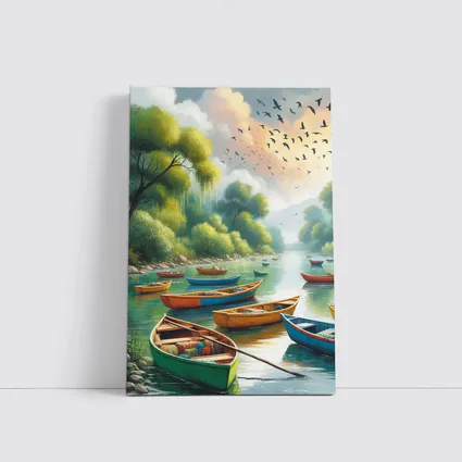 Colorful Wooden Boats River Forest Painting