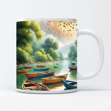 Colorful Wooden Boats River Forest Painting