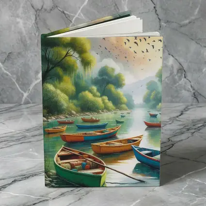 Colorful Wooden Boats River Forest Painting